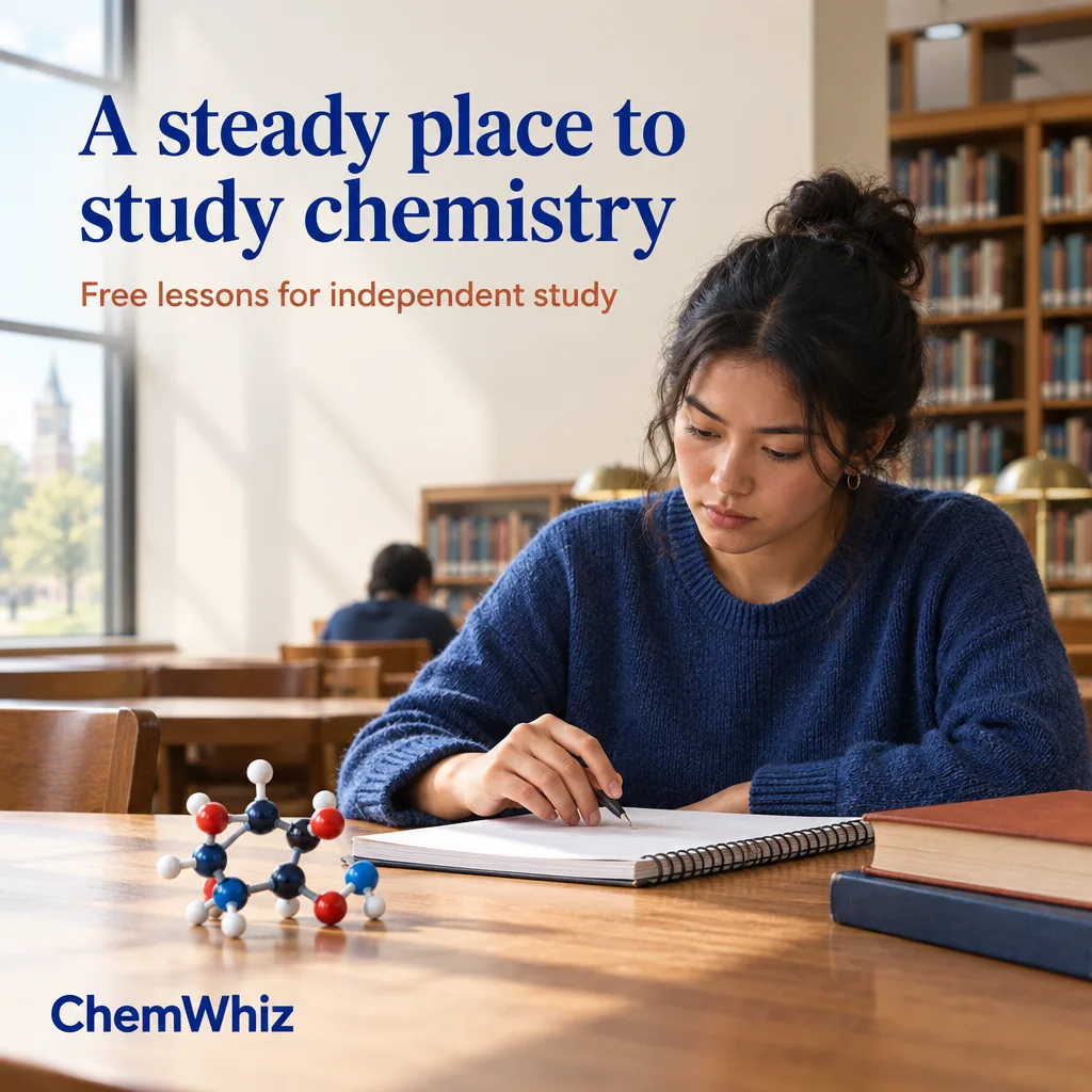 Un student învață chimie într-o bibliotecă; textul reclamei este în engleză.